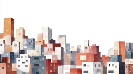 Abstract cityscape illustration featuring colorful buildings in soft tones with minimalist white background
