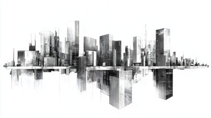Obraz premium Abstract Cityscape Illustration with Skyscrapers and Reflection in Monochrome Style for Modern Interior Design Projects
