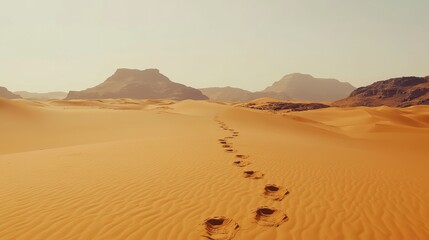 Person walking across a desert landscape with mountains in the background under a clear blue sky