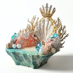Obraz premium A stunning decorative piece featuring a golden crown atop a large seashell, surrounded by colorful corals and pearls, evoking the beauty of underwater treasures.