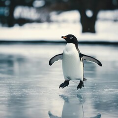 Obraz premium Penguin walking on a frozen lake with ice and snow in a cold environment