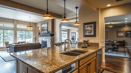 Modern kitchen island with granite countertop, open floor plan, and hardwood floors.