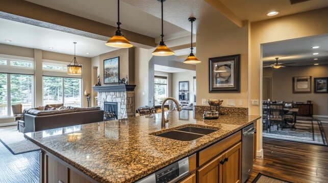 Modern kitchen island with granite countertop, open floor plan, and hardwood floors.
