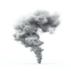 A swirling, dense cloud of dark smoke rises upward against a pure white background, creating an impactful and dramatic visual effect, ideal for various creative projects.