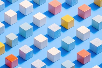 Fototapeta premium Colorful cubes arranged in a repeating pattern on a blue background.