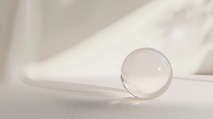 A clear glass ball sits on a white surface