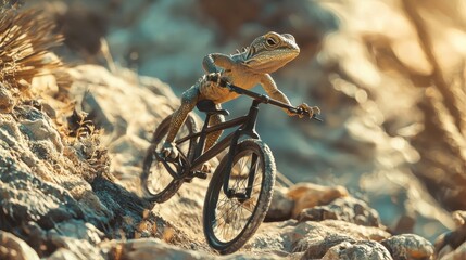 Lizard riding a bicycle on a rocky trail in a natural outdoor environment