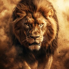 Naklejka premium Lion running swiftly through a dry dirt field with grass and shrubs in the background