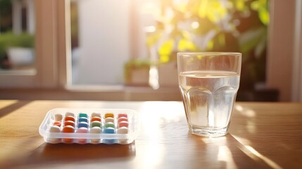 Colorful capsules in a pill organizer on a wooden table with a glass of water, representing daily medication routine for chronic illness management and health care