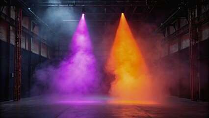 Colorful Stage Lights with Smoke Effect in an Empty Industrial Space