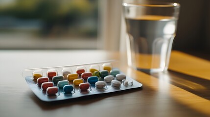 Colorful capsules in a pill organizer on a wooden table with a glass of water, representing daily medication routine for chronic illness management and health care