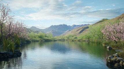 Fototapeta premium Serene Pond Surrounded by Ruffled Willows and Gentle Winds
