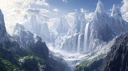 Majestic Bold Mountains with Steep Faces and Waterfalls in Landscape