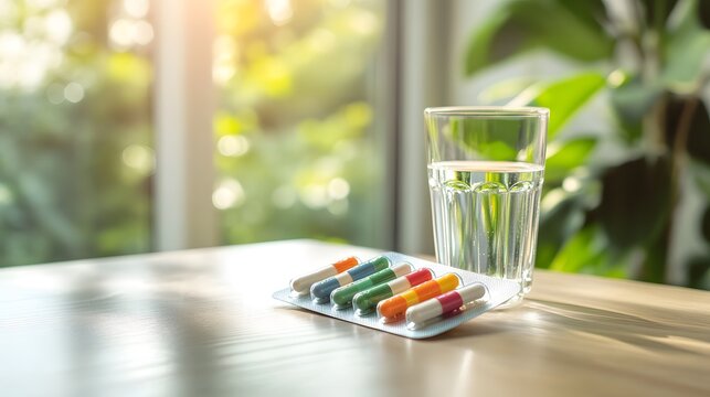 Colorful capsules in a pill organizer on a wooden table with a glass of water, representing daily medication routine for chronic illness management and health care