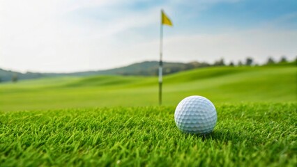 Close-Up of a Golf Ball on Lush Green Grass with a Flag in the Background on Golf Course
