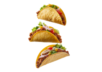 Collection Tacos flying isolated on a transparent or white background