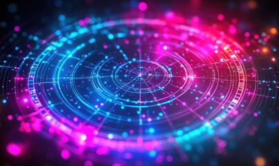 Abstract glowing sphere in space, digital data streams and light flares in background