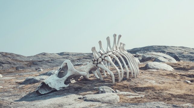 Whale Bones Resting on Rocky Tundra Under Clear Blue Sky