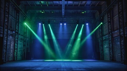 Dramatic Stage Lighting with Green and Blue Light Beams in Empty Industrial Venue