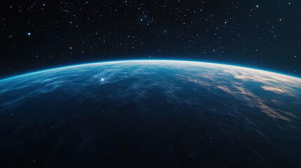 Obraz premium vast black expanse of space is visible, showcasing beautiful view of Earthâ€™s curvature and starry sky. scene evokes sense of wonder and exploration