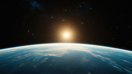 Fototapeta premium breathtaking view of Earth from space, showcasing horizon and radiant sun rising above atmosphere, surrounded by stars