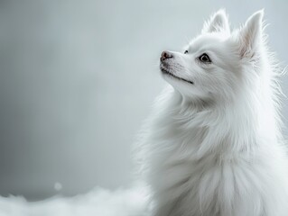 Fototapeta premium White dog gazing upwards at the clear blue sky during a sunny day outdoors