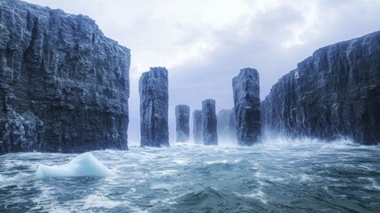 Fototapeta premium Majestic Steep Basalt Columns Rising from Turbulent Ocean Waters