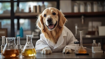 Dog wearing a lab coat sitting at a table with various objects and papers