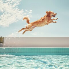 Dog jumping into a swimming pool with water splashing around during a sunny day