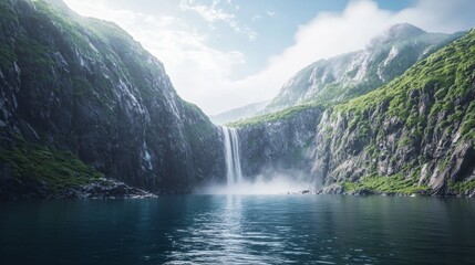 Majestic Waterfall Cascading Down Steep Hillside into Serene Waters