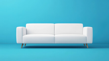 Fototapeta premium modern white sofa on vibrant blue background, perfect for contemporary interiors. This stylish piece adds fresh touch to any living space