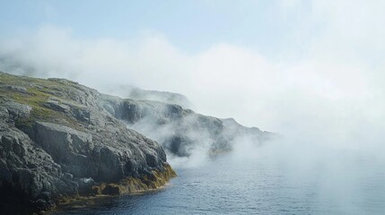 Fototapeta premium Steam Rising from Geothermal Vents in Coastal Rocky Landscape
