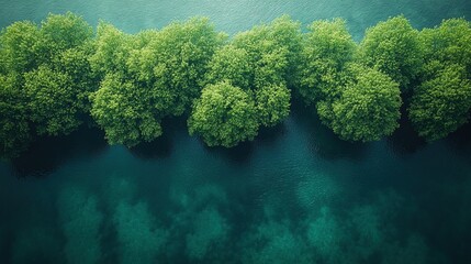 Obraz premium Aerial view of green trees along riverbank with clear water below