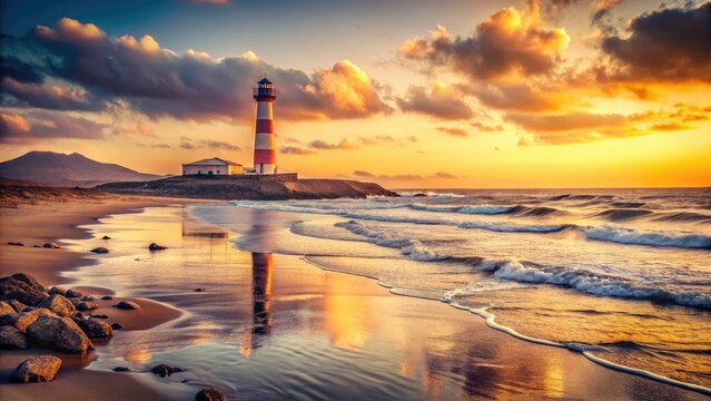 Vintage Beach Scene at El Toston Lighthouse, Fuerteventura - Tranquil Shoreline, Canary Islands, Retro Style Photography, Coastal Beauty, Seascape, Sunset Vibes