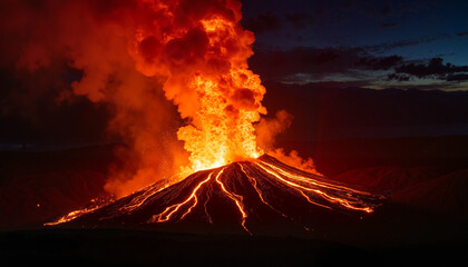 Fototapeta premium Erupting volcano spewing lava and ash at night