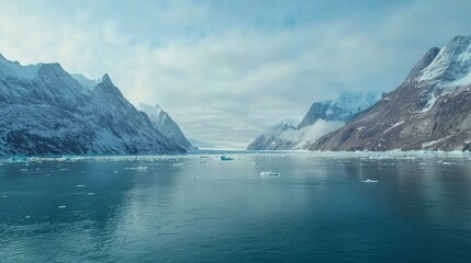 Obraz premium Towering Icebergs in Serene Inlet Surrounded by Majestic Mountains