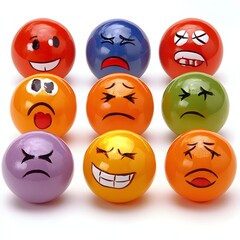Naklejka premium Diverse Emotional Facial Expressions in Vibrant Colors on Spherical Shapes