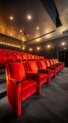 Empty Cinema Hall with Rows of Luxurious Red Velvet Seats