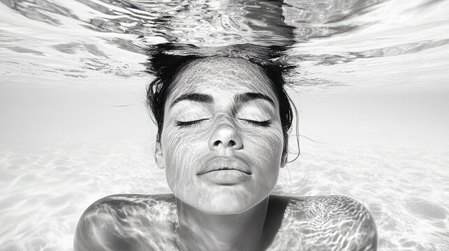 serene black and white underwater portrait showcasing woman with closed eyes, reflecting light