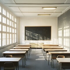 Fototapeta premium Neatly Arranged Desks in an Empty Classroom with Natural Light