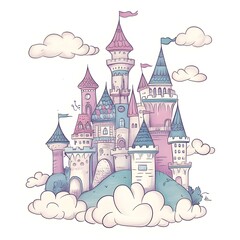 Fototapeta premium Enchanting Doodle of Fantasy Castle on a Hill Surrounded by Clouds