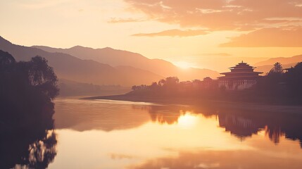 Obraz premium Enchanting Sunset Over Punakha Dzong with Reflection on Water