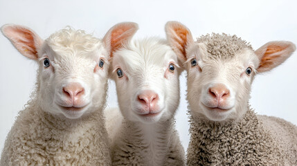 Obraz premium Three cute white lambs looking directly at the camera against a clean white studio background.