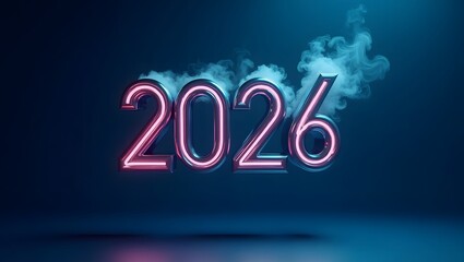 The numbers "2026" with purple neon lights float, and smoke comes out.