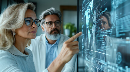 Collaborative team analyzing data on digital screen in office