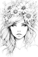 Fototapeta premium A woman with a flower crown on her head. The flowers are yellow and white. The woman has a bright, happy expression on her face