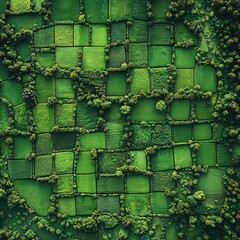 Aerial view of patchwork green fields and hedgerows in rural landscape