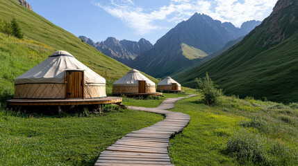 serene yurt settlement nestled in lush mountain valley, surrounded by peaks