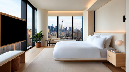 Fototapeta premium modern penthouse bedroom with stunning city views and elegant decor