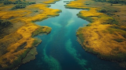 Obraz premium Aerial view of river flowing through golden marshes at sunset